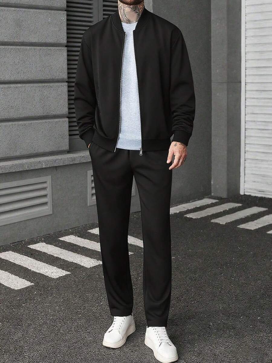 Manfinity CasualCool Ensemble veste zippée et pantalon de couleur unie décontracté pour homme, automne