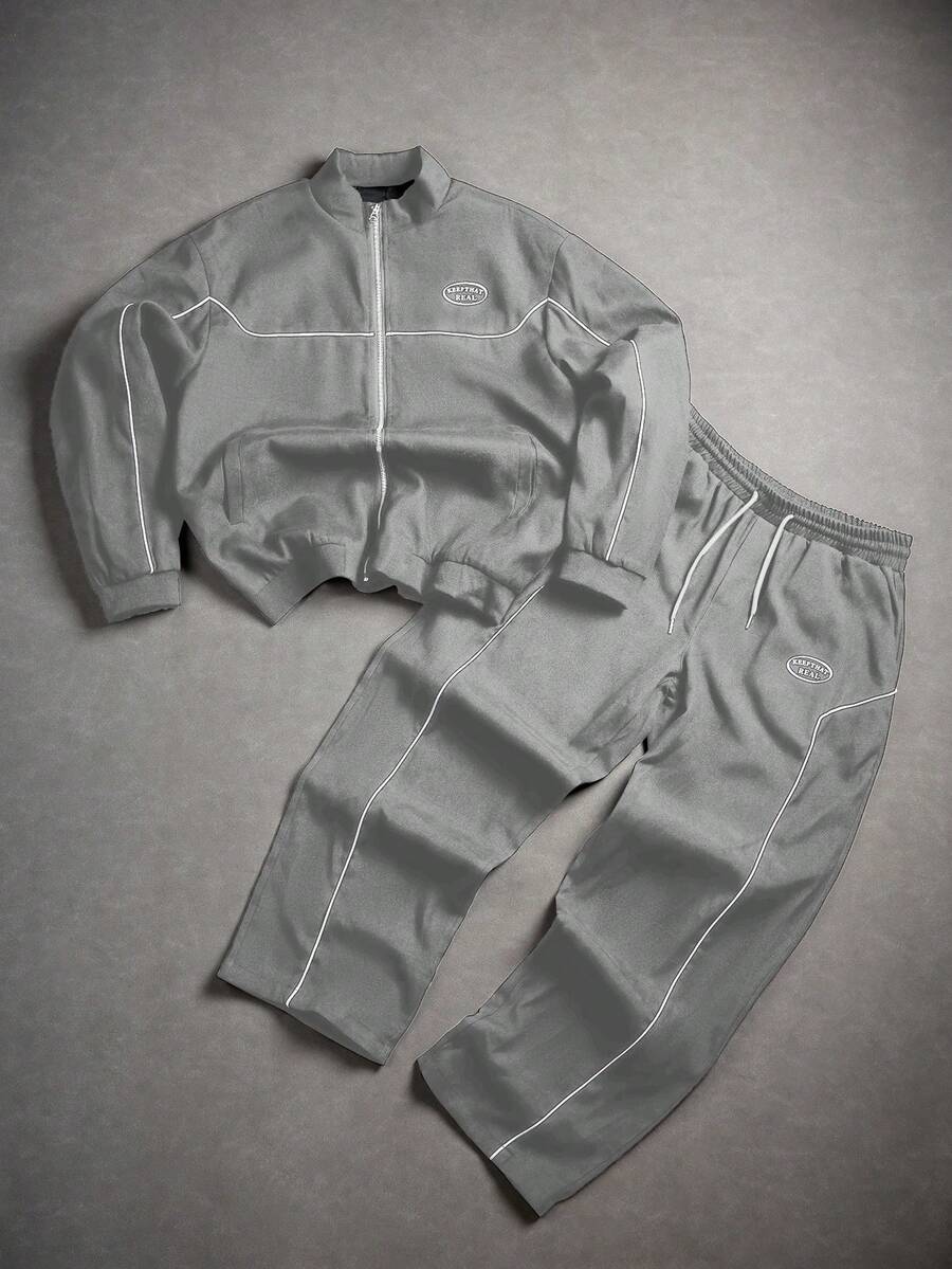 Manfinity Homme 2 pièces Veste à rayures latérales et imprimé lettres à manches longues et pantalon à taille élastique pour homme, tenue décontractée, vêtements d'automne