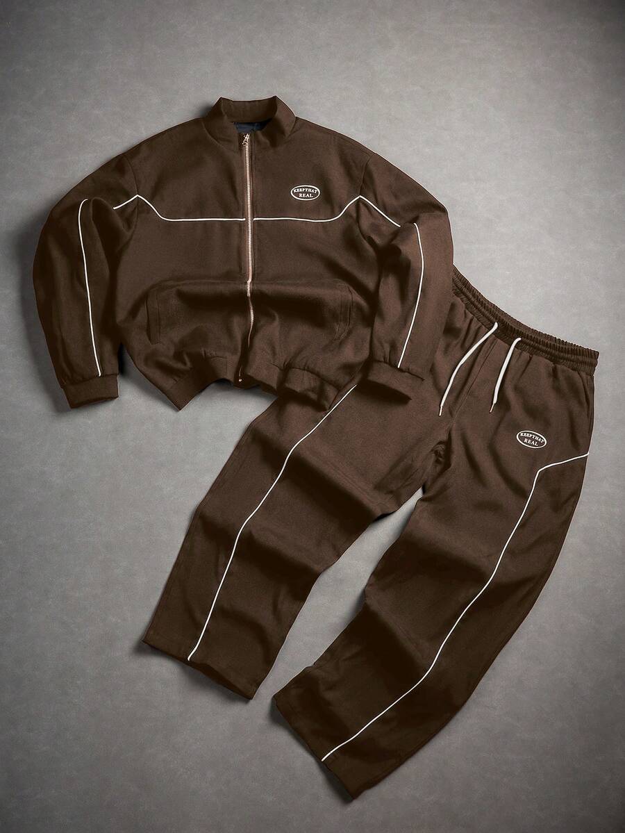 Manfinity Homme 2 pièces Veste à rayures latérales et imprimé lettres à manches longues et pantalon à taille élastique pour homme, tenue décontractée, vêtements d'automne