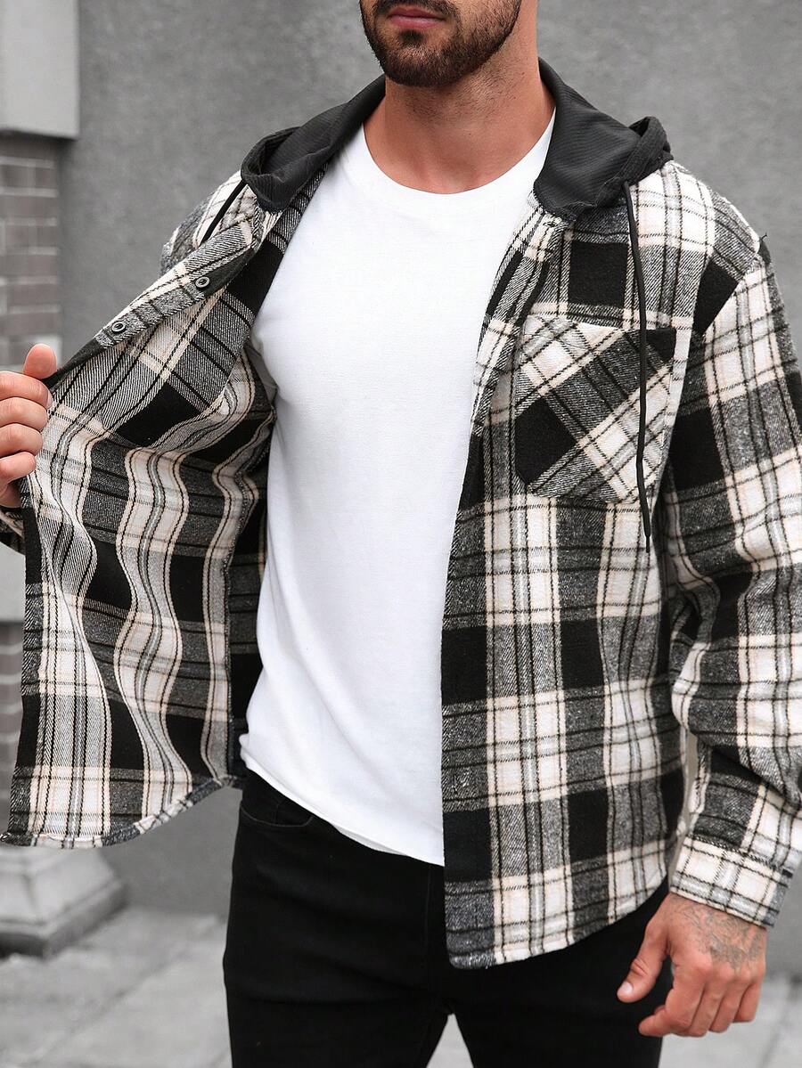 Manfinity Homme 1 pièce Manteau ample à capuche avec cordon de serrage, imprimé à carreaux, manches longues pour homme