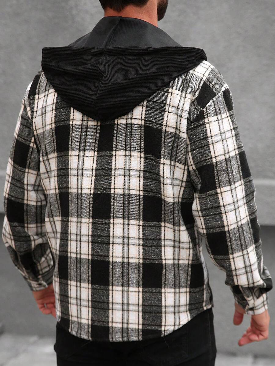 Manfinity Homme 1 pièce Manteau ample à capuche avec cordon de serrage, imprimé à carreaux, manches longues pour homme