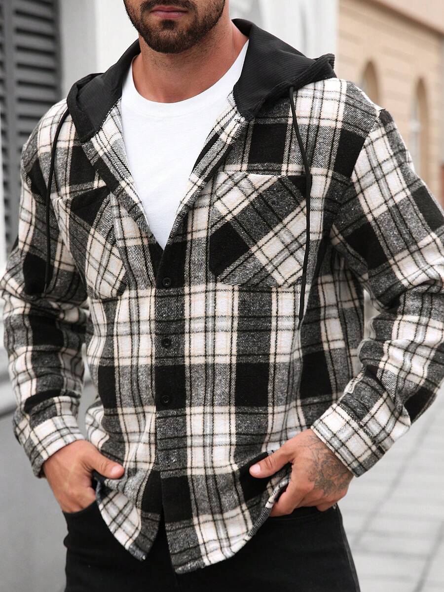 Manfinity Homme 1 pièce Manteau ample à capuche avec cordon de serrage, imprimé à carreaux, manches longues pour homme