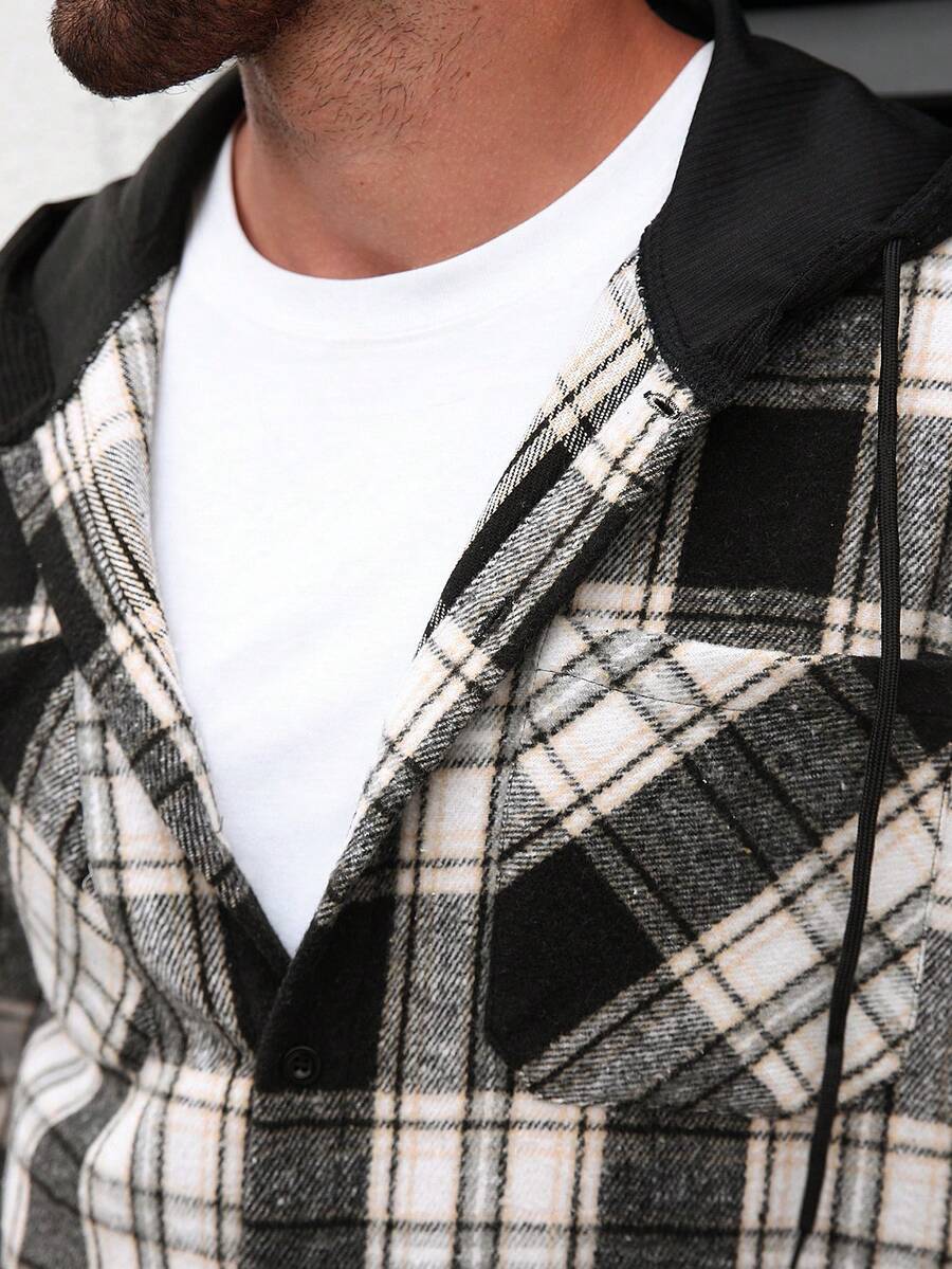 Manfinity Homme 1 pièce Manteau ample à capuche avec cordon de serrage, imprimé à carreaux, manches longues pour homme