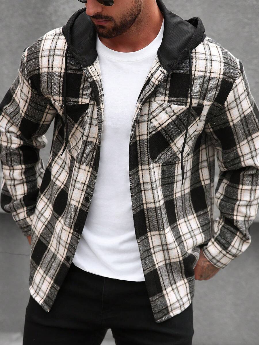 Manfinity Homme 1 pièce Manteau ample à capuche avec cordon de serrage, imprimé à carreaux, manches longues pour homme