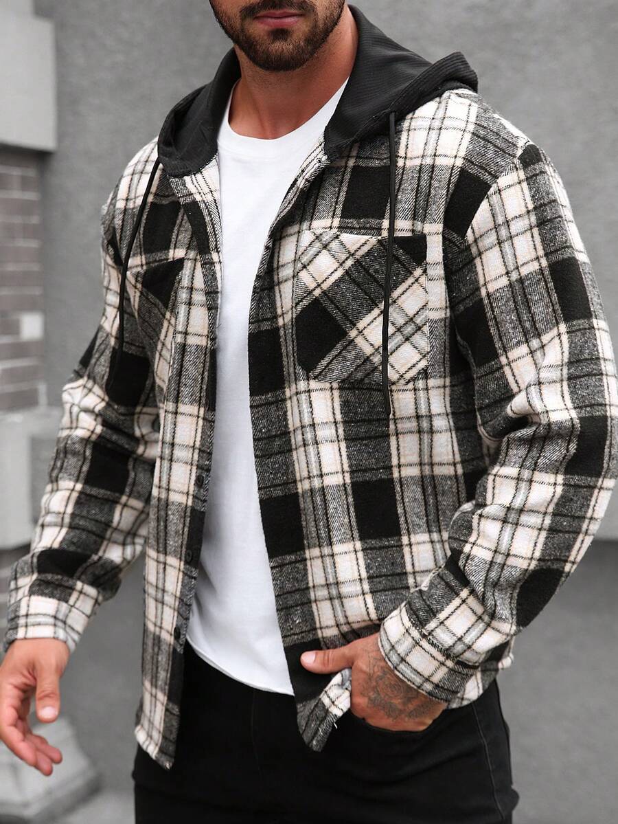 Manfinity Homme 1 pièce Manteau ample à capuche avec cordon de serrage, imprimé à carreaux, manches longues pour homme
