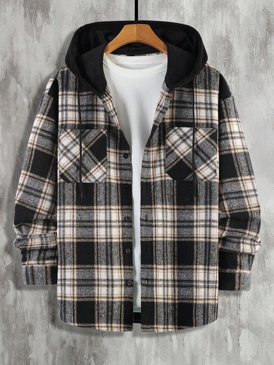 Manfinity Homme 1 pièce Manteau ample à capuche avec cordon de serrage, imprimé à carreaux, manches longues pour homme