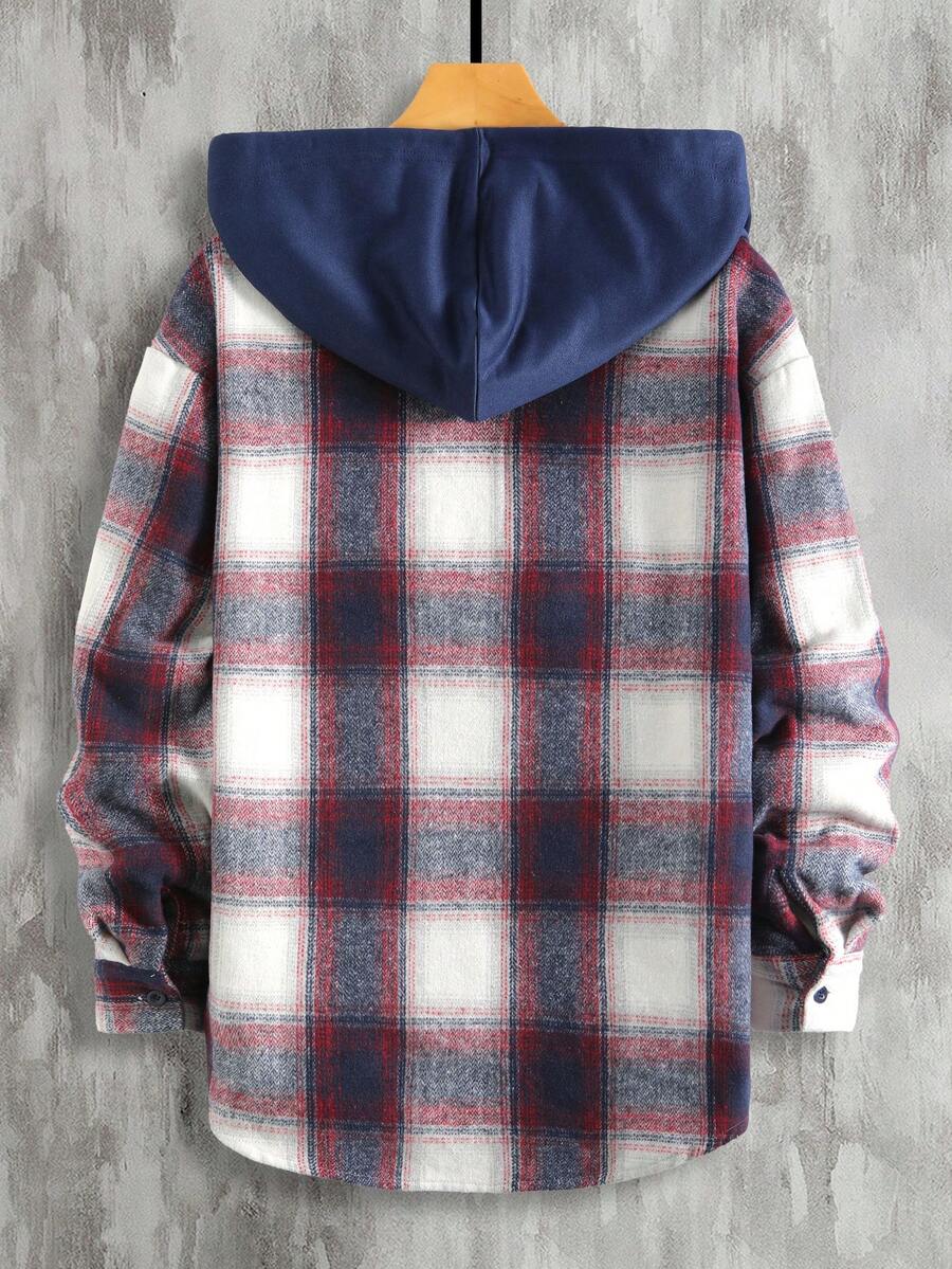 Manfinity Homme 1 pièce Manteau ample à capuche avec cordon de serrage, imprimé à carreaux, manches longues pour homme