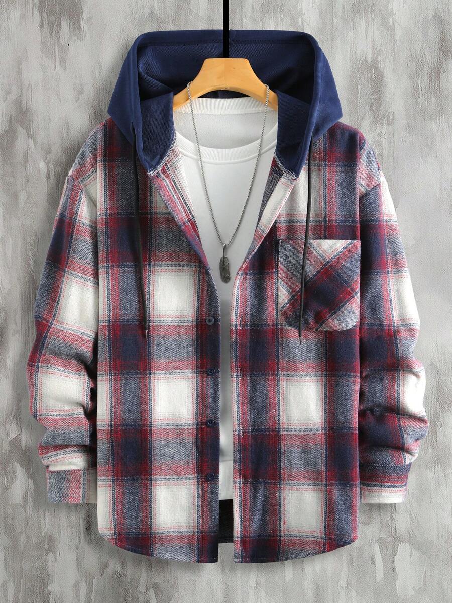 Manfinity Homme 1 pièce Manteau ample à capuche avec cordon de serrage, imprimé à carreaux, manches longues pour homme