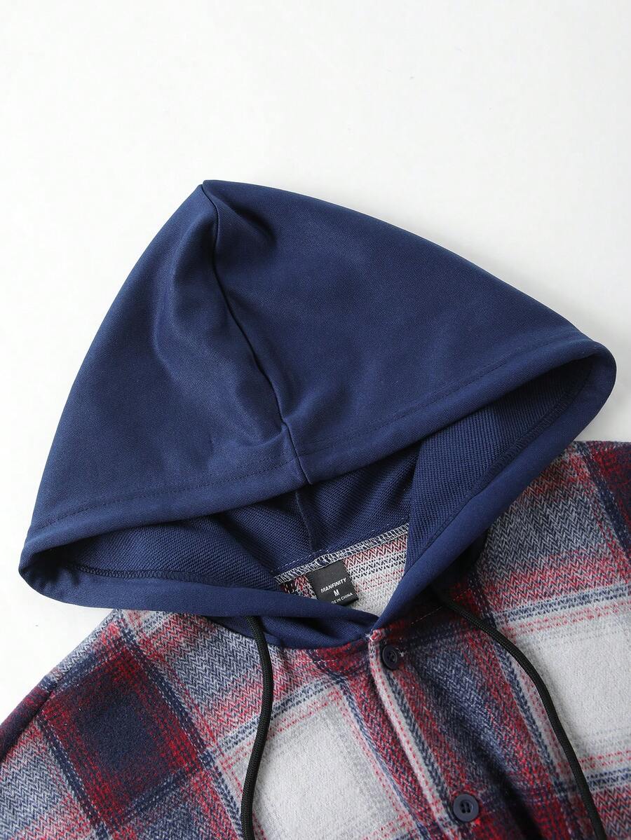 Manfinity Homme 1 pièce Manteau ample à capuche avec cordon de serrage, imprimé à carreaux, manches longues pour homme