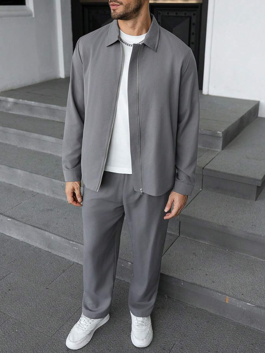 Manfinity CasualCool Ensemble veste zippée et pantalon casual de couleur unie pour hommes. Ensemble deux pièces gris pour hommes, vêtements d'automne, tenues confortables