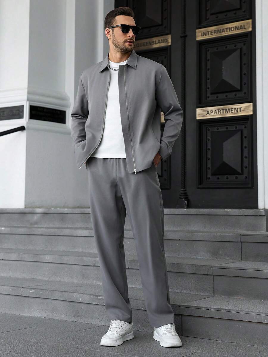 Manfinity CasualCool Ensemble veste zippée et pantalon casual de couleur unie pour hommes. Ensemble deux pièces gris pour hommes, vêtements d'automne, tenues confortables