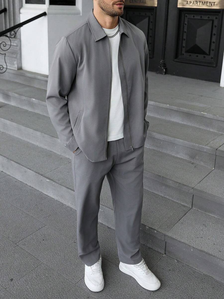 Manfinity CasualCool Ensemble veste zippée et pantalon casual de couleur unie pour hommes. Ensemble deux pièces gris pour hommes, vêtements d'automne, tenues confortables