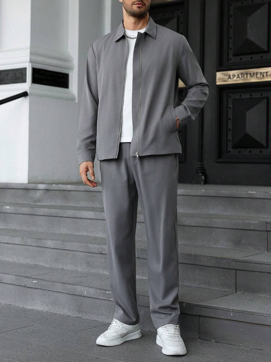 Manfinity CasualCool Ensemble veste zippée et pantalon casual de couleur unie pour hommes. Ensemble deux pièces gris pour hommes, vêtements d'automne, tenues confortables