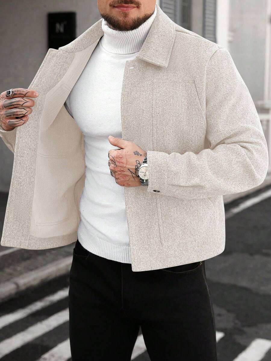 Manfinity CasualCool Manteau casual gris à col boutonné et manches longues pour hommes, idéal pour Halloween, Noël, sorties quotidiennes et affaires