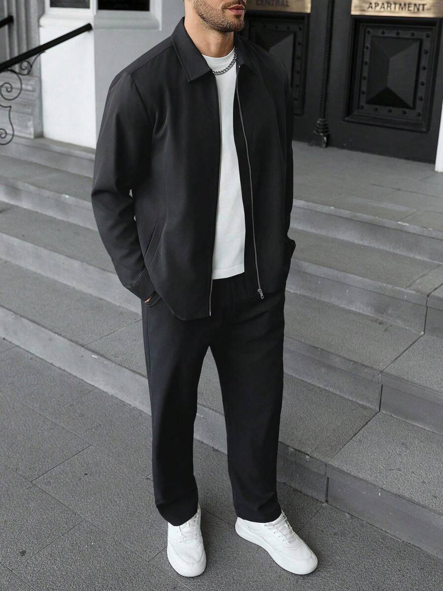 Manfinity CasualCool Ensemble veste zippée et pantalon casual de couleur unie pour hommes. Ensemble deux pièces gris pour hommes, vêtements d'automne, tenues confortables