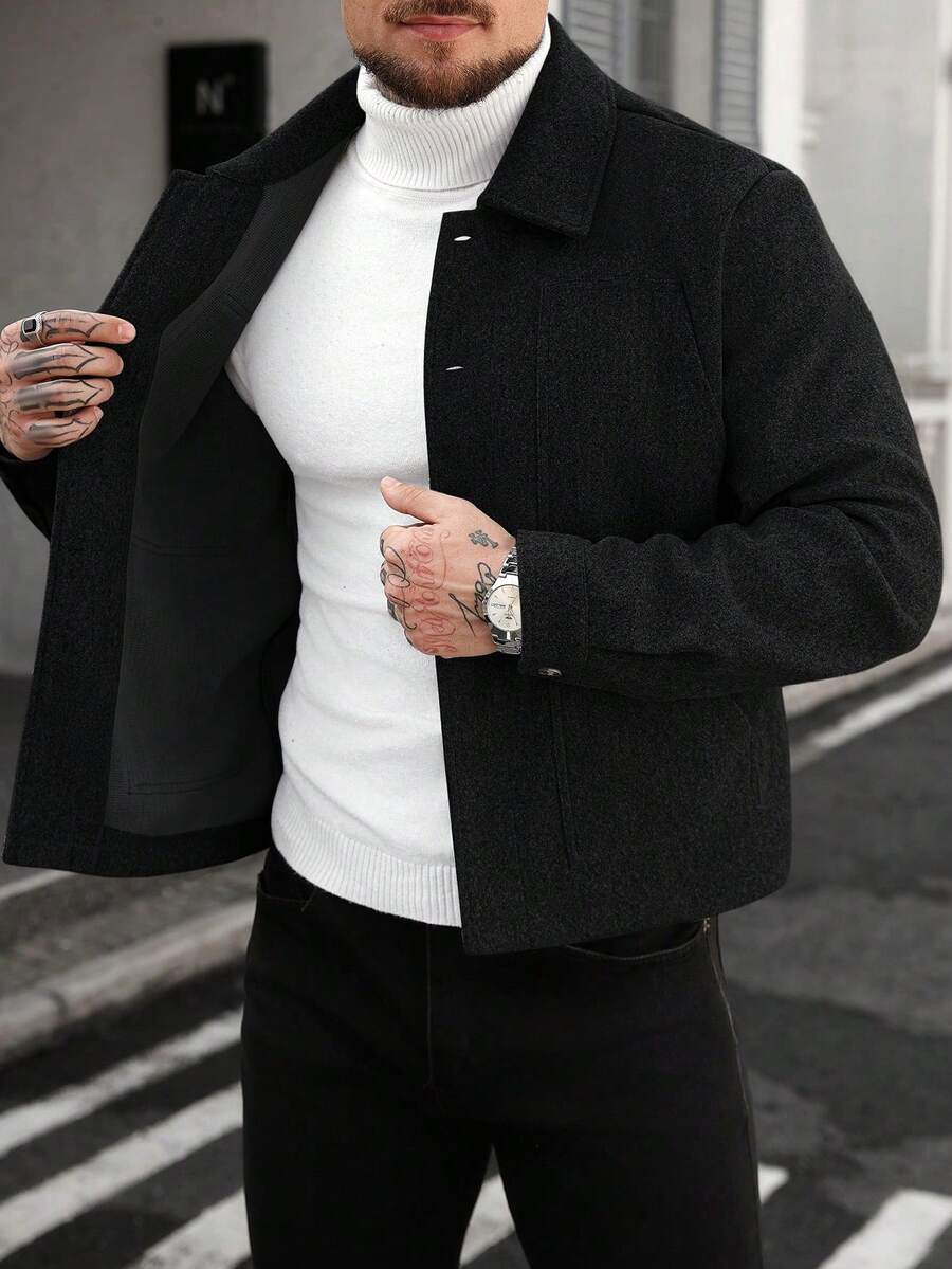 Manfinity CasualCool Manteau casual gris à col boutonné et manches longues pour hommes, idéal pour Halloween, Noël, sorties quotidiennes et affaires