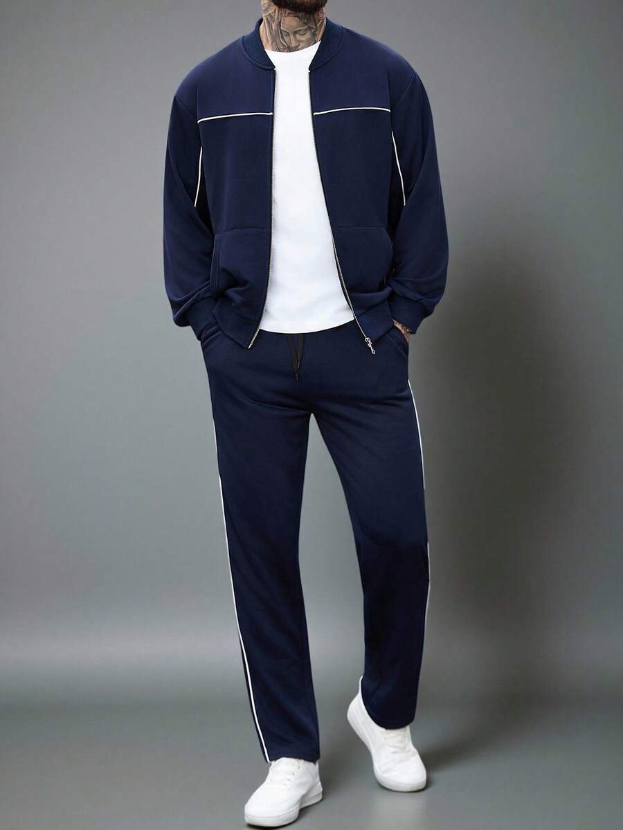 Manfinity CasualCool Ensemble veste zippée et pantalon de couleur unie décontracté pour homme, automne