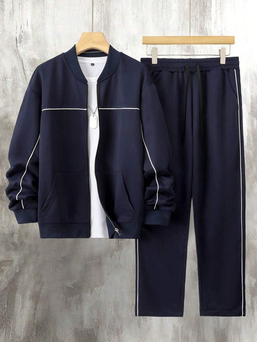 Manfinity CasualCool Ensemble veste zippée et pantalon de couleur unie décontracté pour homme, automne