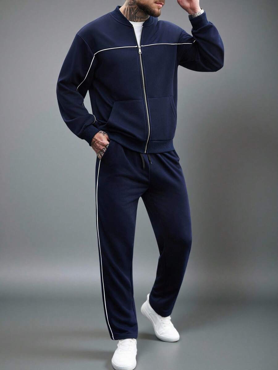 Manfinity CasualCool Ensemble veste zippée et pantalon de couleur unie décontracté pour homme, automne