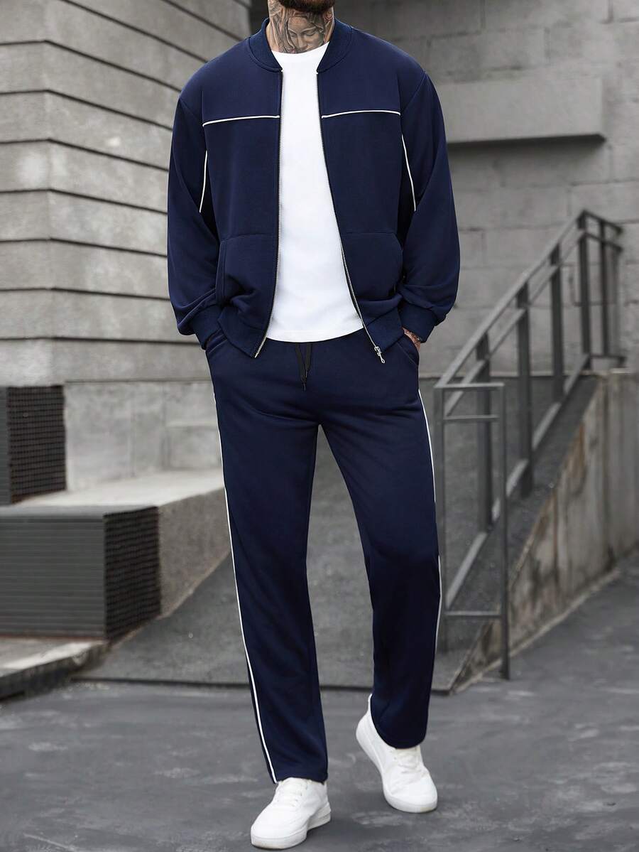 Manfinity CasualCool Ensemble veste zippée et pantalon de couleur unie décontracté pour homme, automne