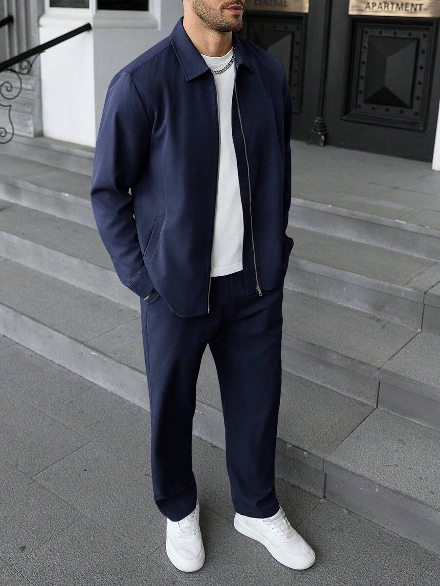 Manfinity CasualCool Ensemble veste zippée et pantalon casual de couleur unie pour hommes. Ensemble deux pièces gris pour hommes, vêtements d'automne, tenues confortables